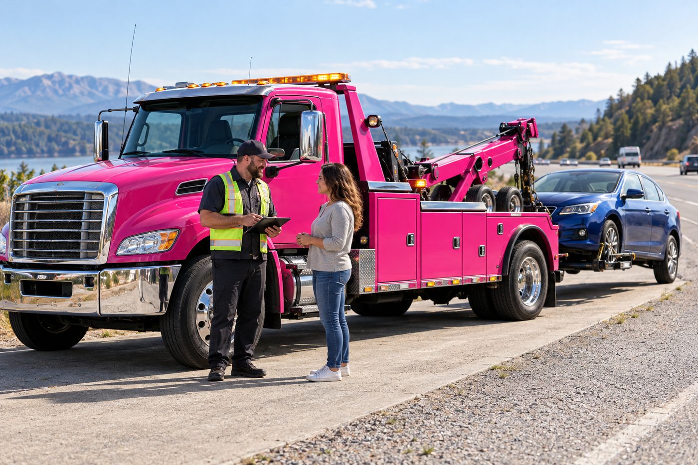 Illustration of a Pinky’s Towing driver talking with a customer beside a pink tow truck